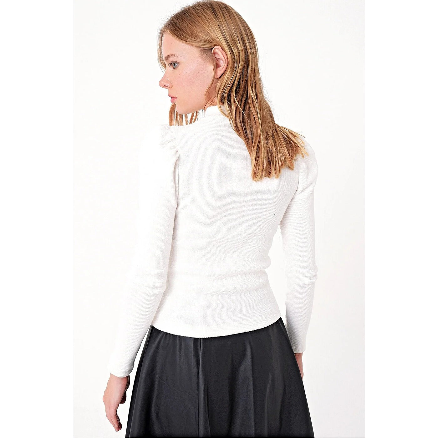 White Puff Shoulder Turtleneck Top | Montivo Pakistan