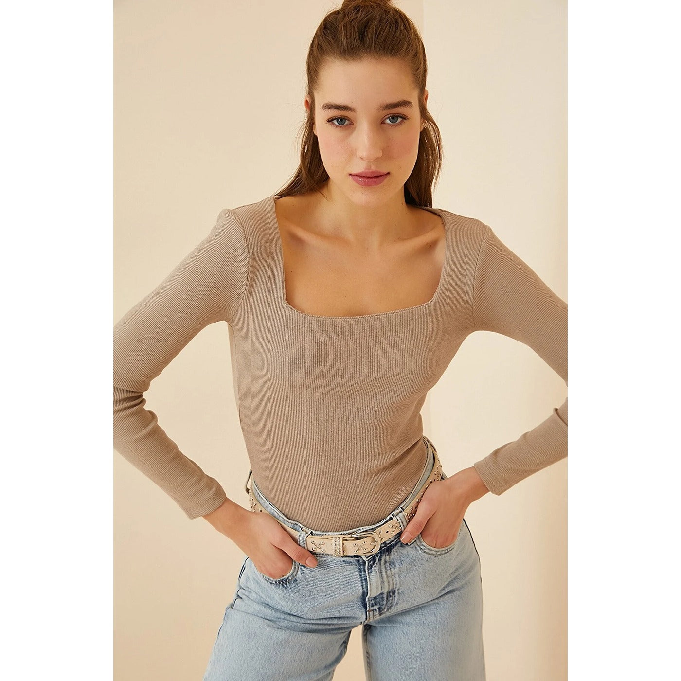 Light Beige Square Collar Corduroy Knitted Blouse | Montivo Pakistan