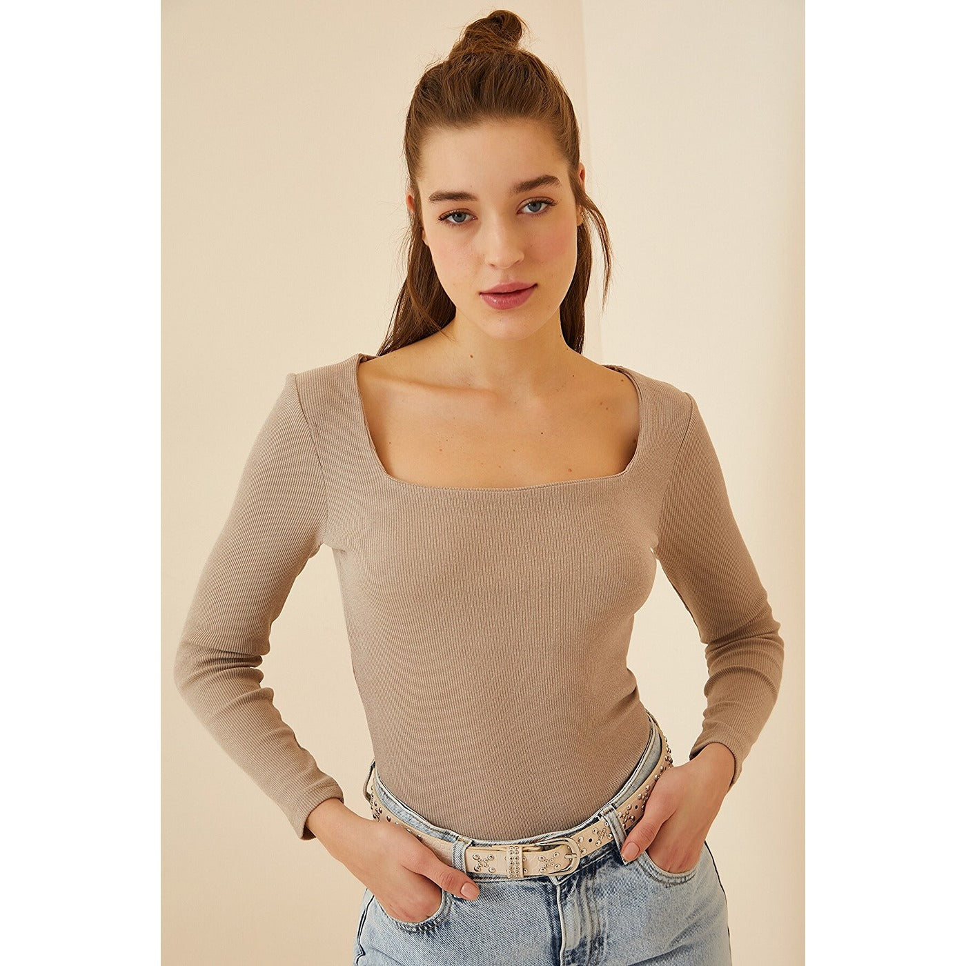 Light Beige Square Collar Corduroy Knitted Blouse | Montivo Pakistan