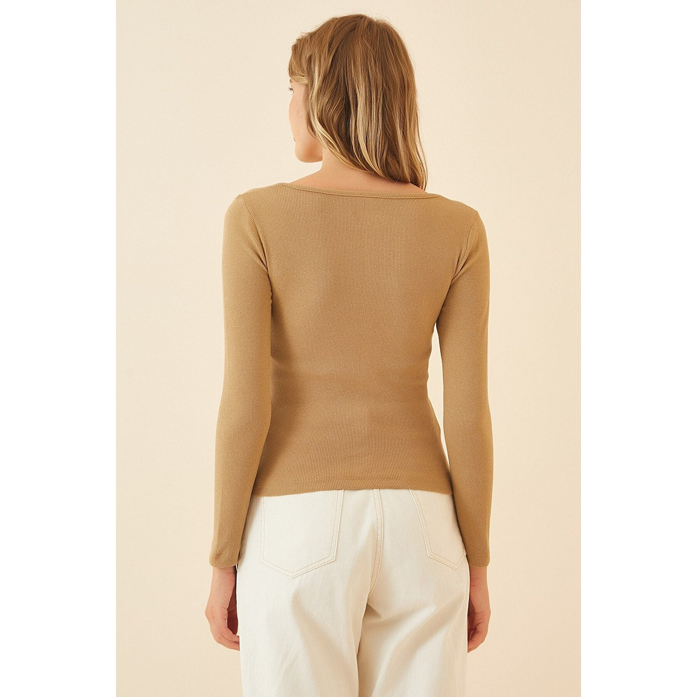 Beige Square Collar Corduroy Knitted Blouse | Montivo Pakistan