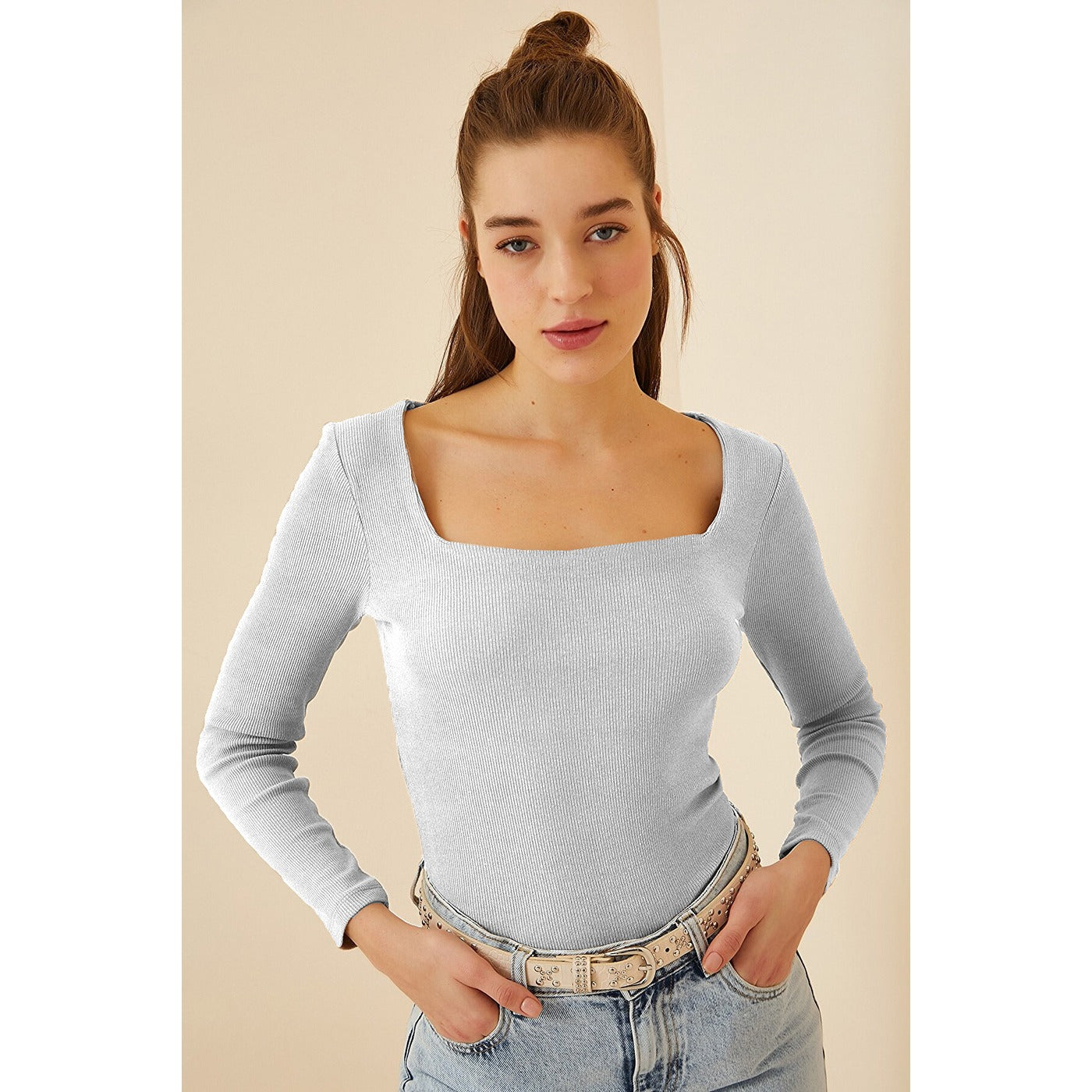 Grey Square Collar Corduroy Knitted Blouse | Montivo Pakistan