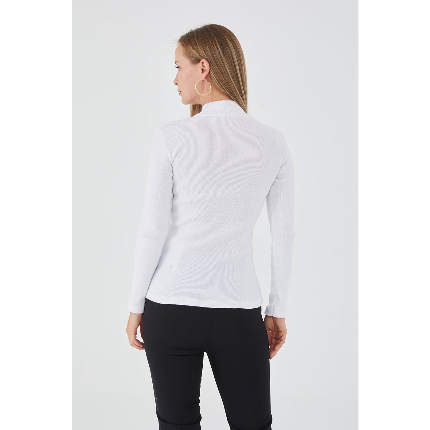 White Turtleneck Ribbed Knitted Blouse | Montivo Pakistan