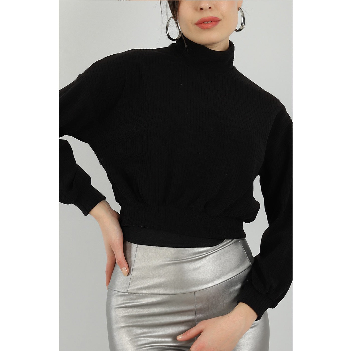 Black Ribbed Mock Neck Top | Montivo Pakistan