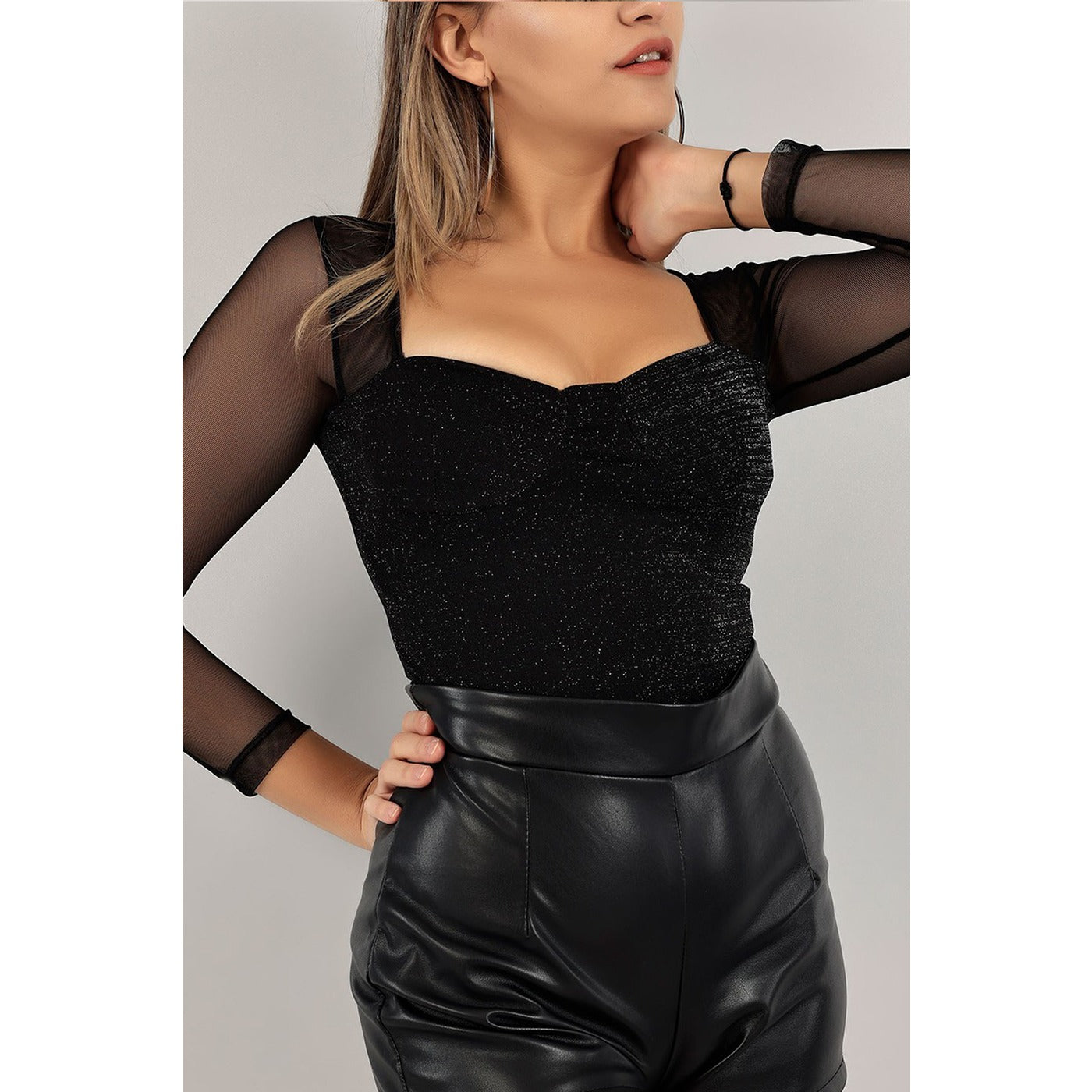 Black Mesh Ruched Square Neck Top | Montivo Pakistan