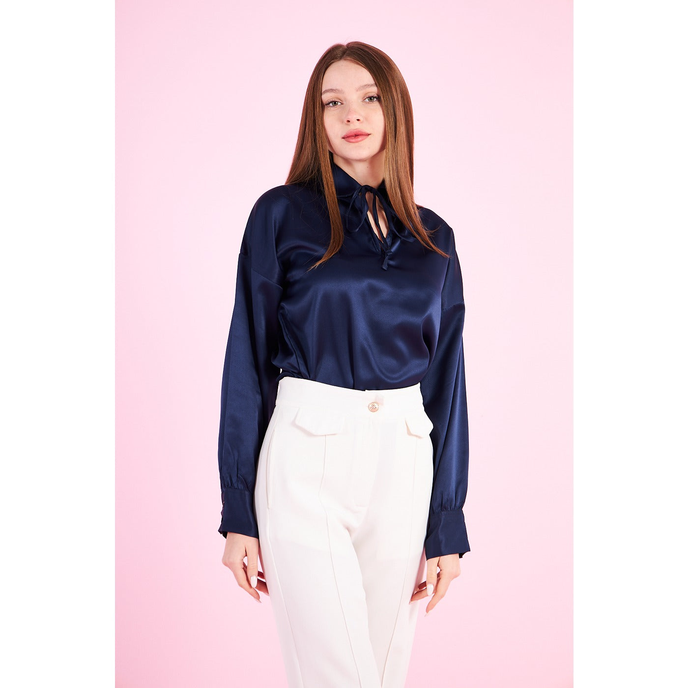 Blue Knotted Collar Satin Top | Montivo Pakistan