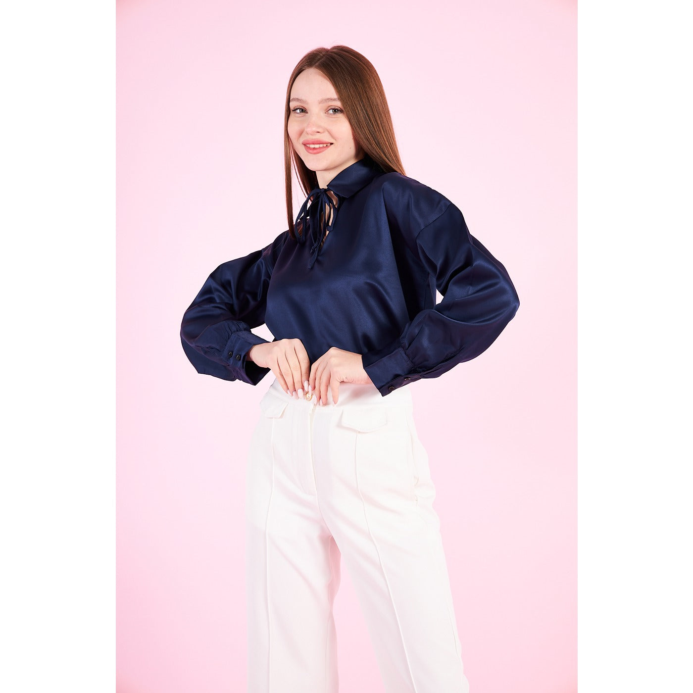 Blue Knotted Collar Satin Top | Montivo Pakistan