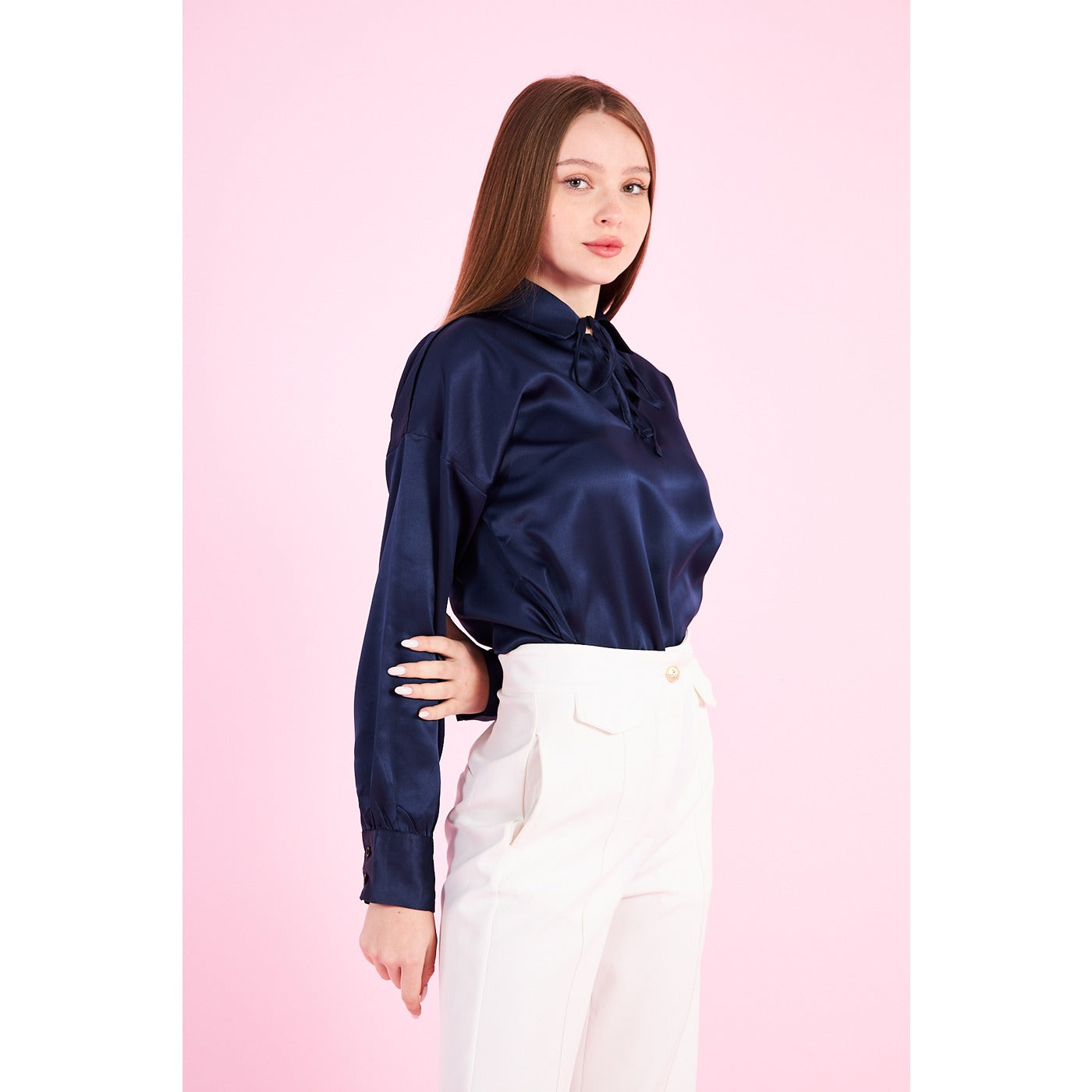 Blue Knotted Collar Satin Top | Montivo Pakistan