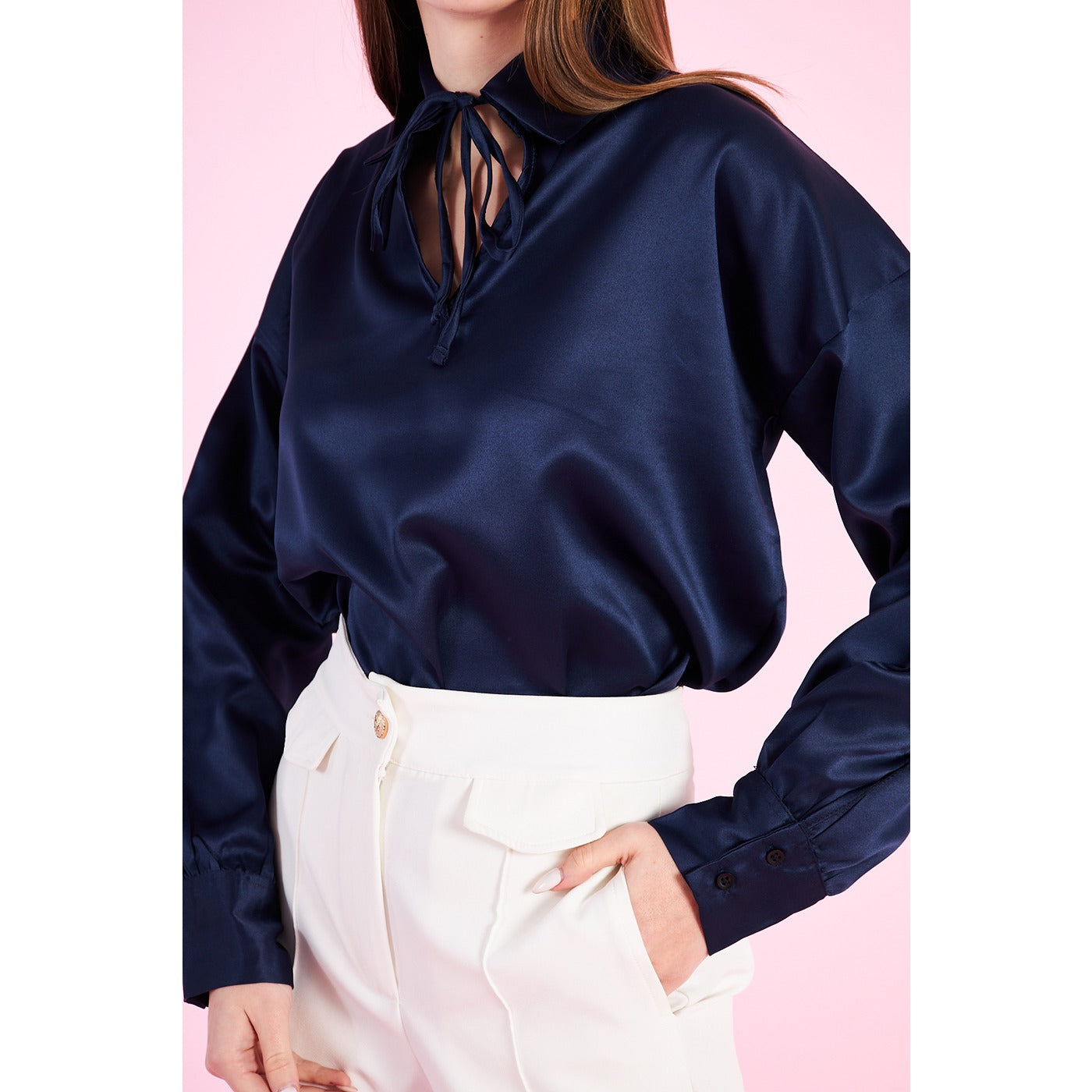 Blue Knotted Collar Satin Top | Montivo Pakistan