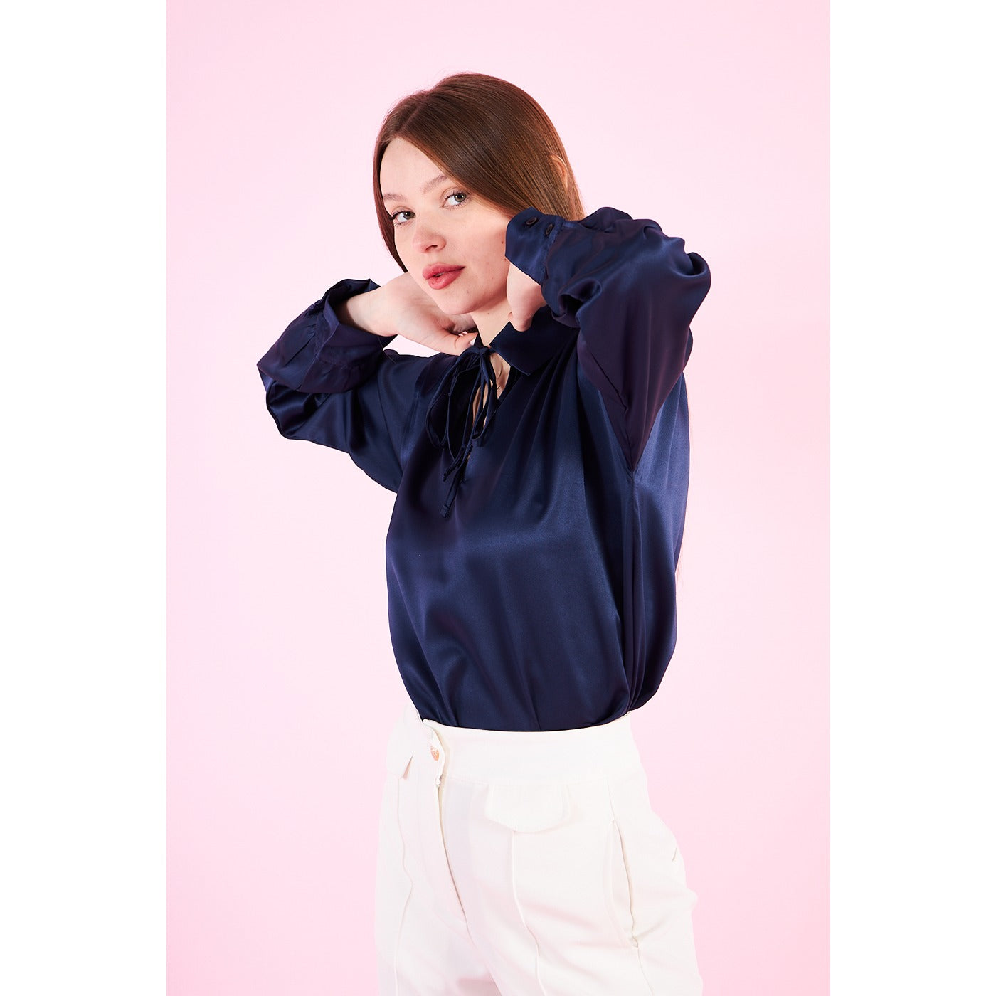 Blue Knotted Collar Satin Top | Montivo Pakistan