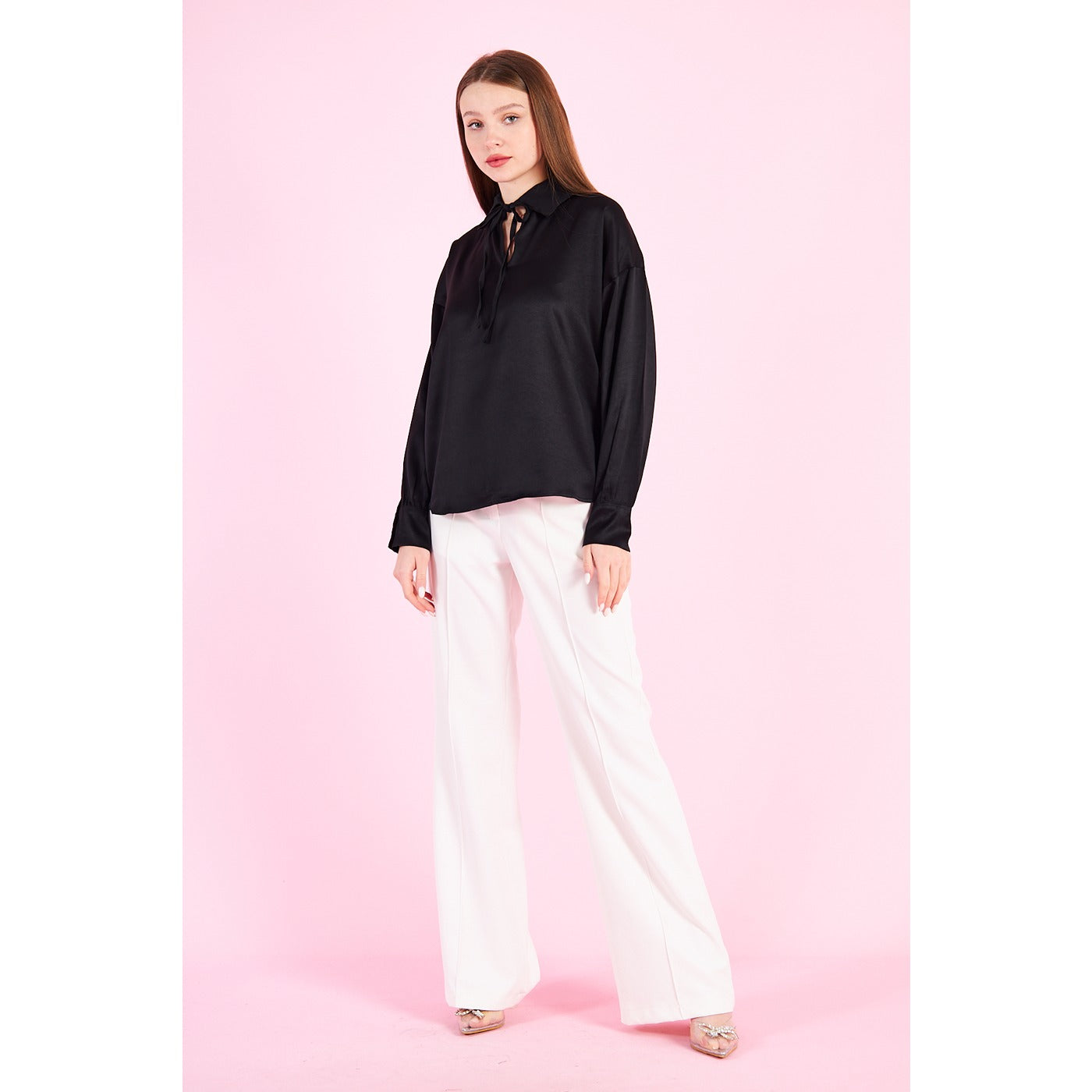 Black Knotted Collar Satin Top | Montivo Pakistan