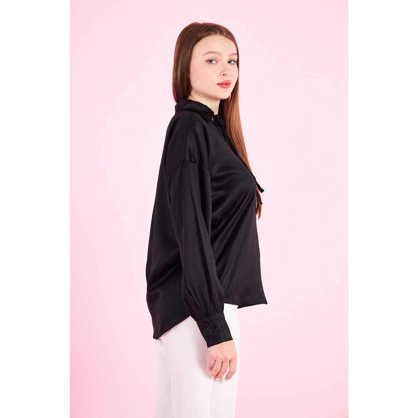 Black Knotted Collar Satin Top | Montivo Pakistan