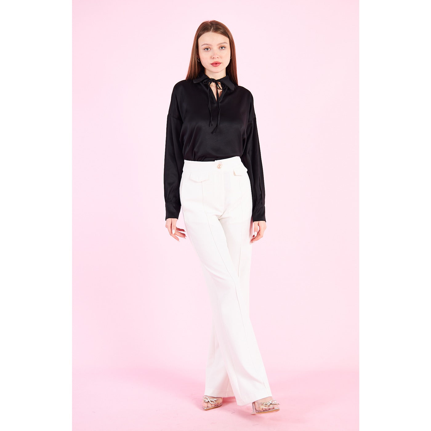 Black Knotted Collar Satin Top | Montivo Pakistan