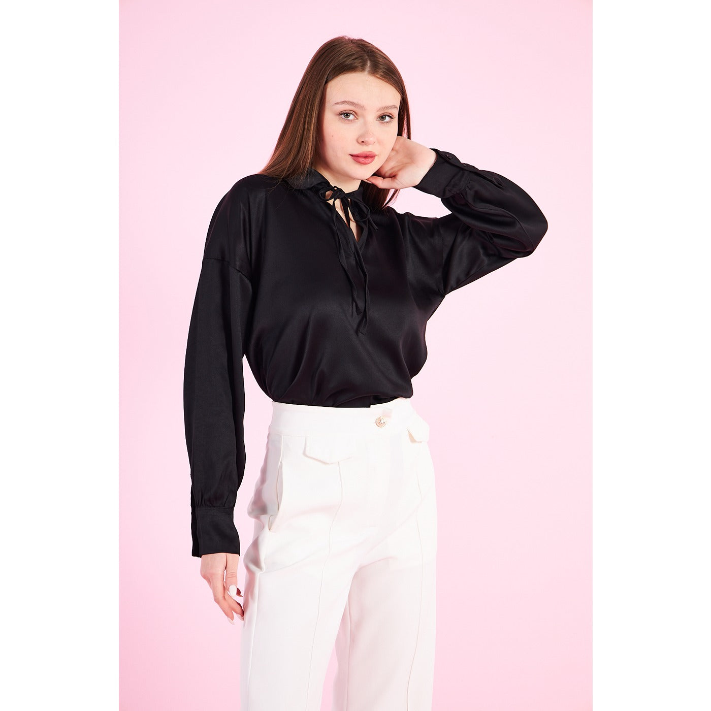 Black Knotted Collar Satin Top | Montivo Pakistan