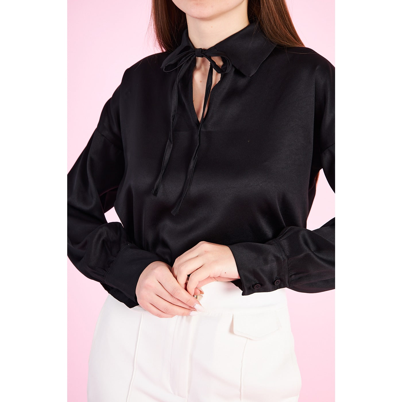 Black Knotted Collar Satin Top | Montivo Pakistan