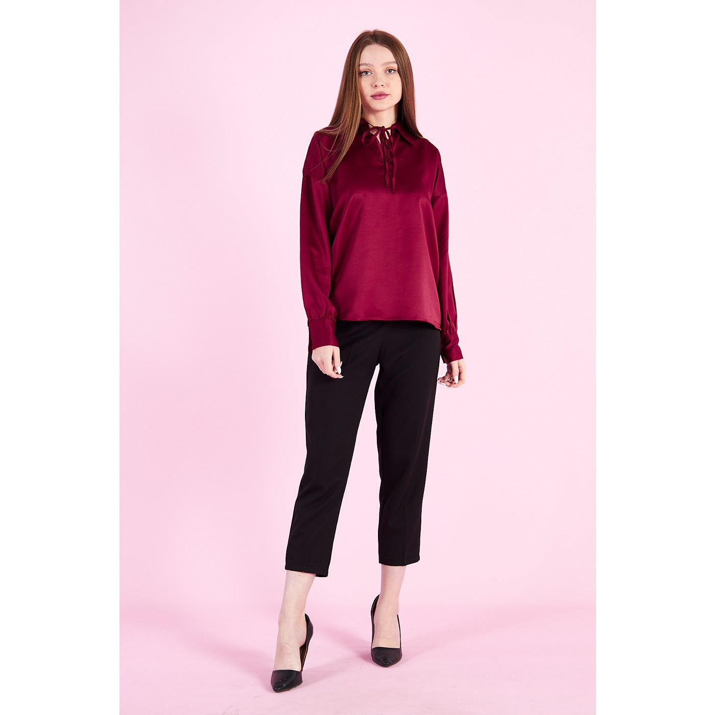Burgandy Knotted Collar Satin Top | Montivo Pakistan
