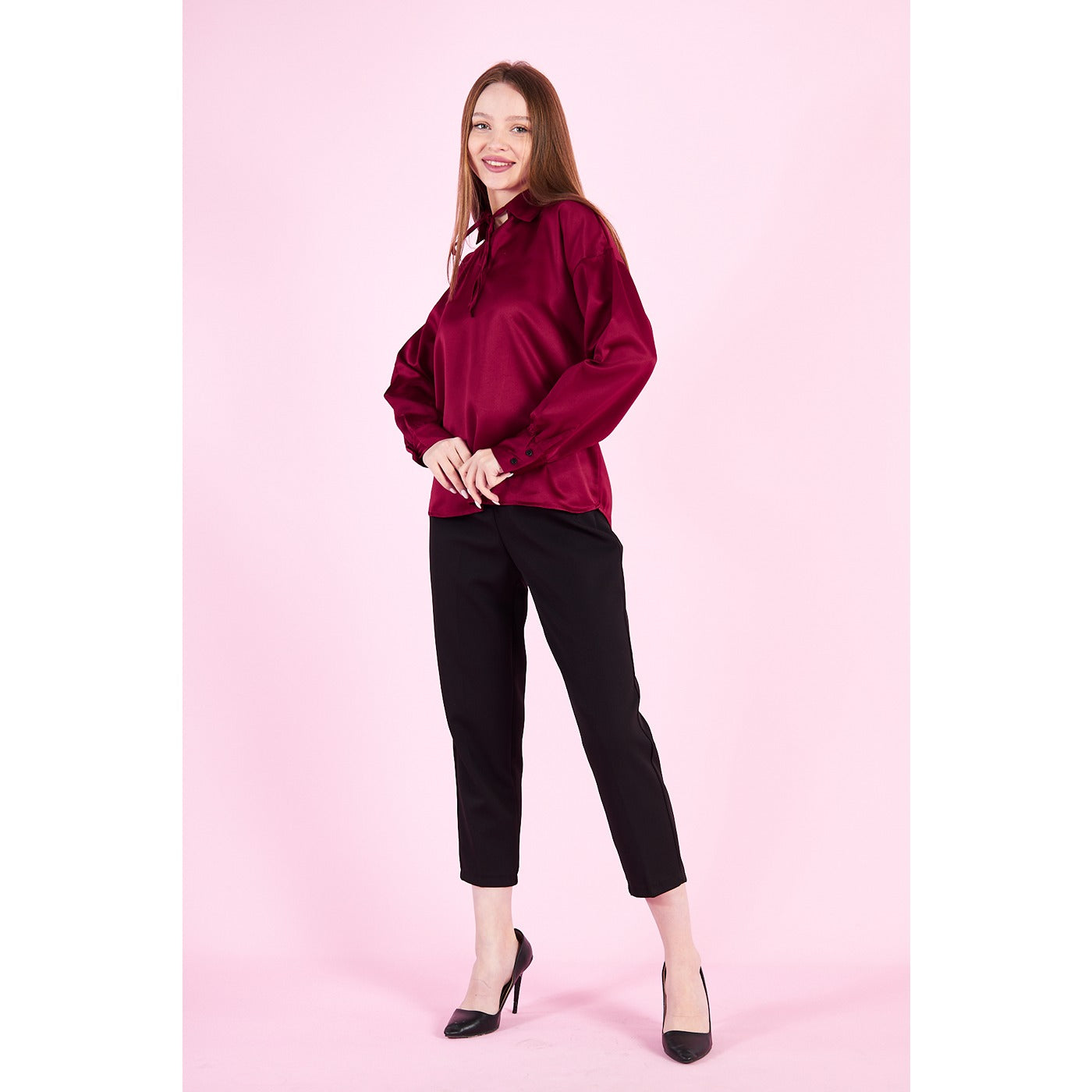 Burgandy Knotted Collar Satin Top | Montivo Pakistan