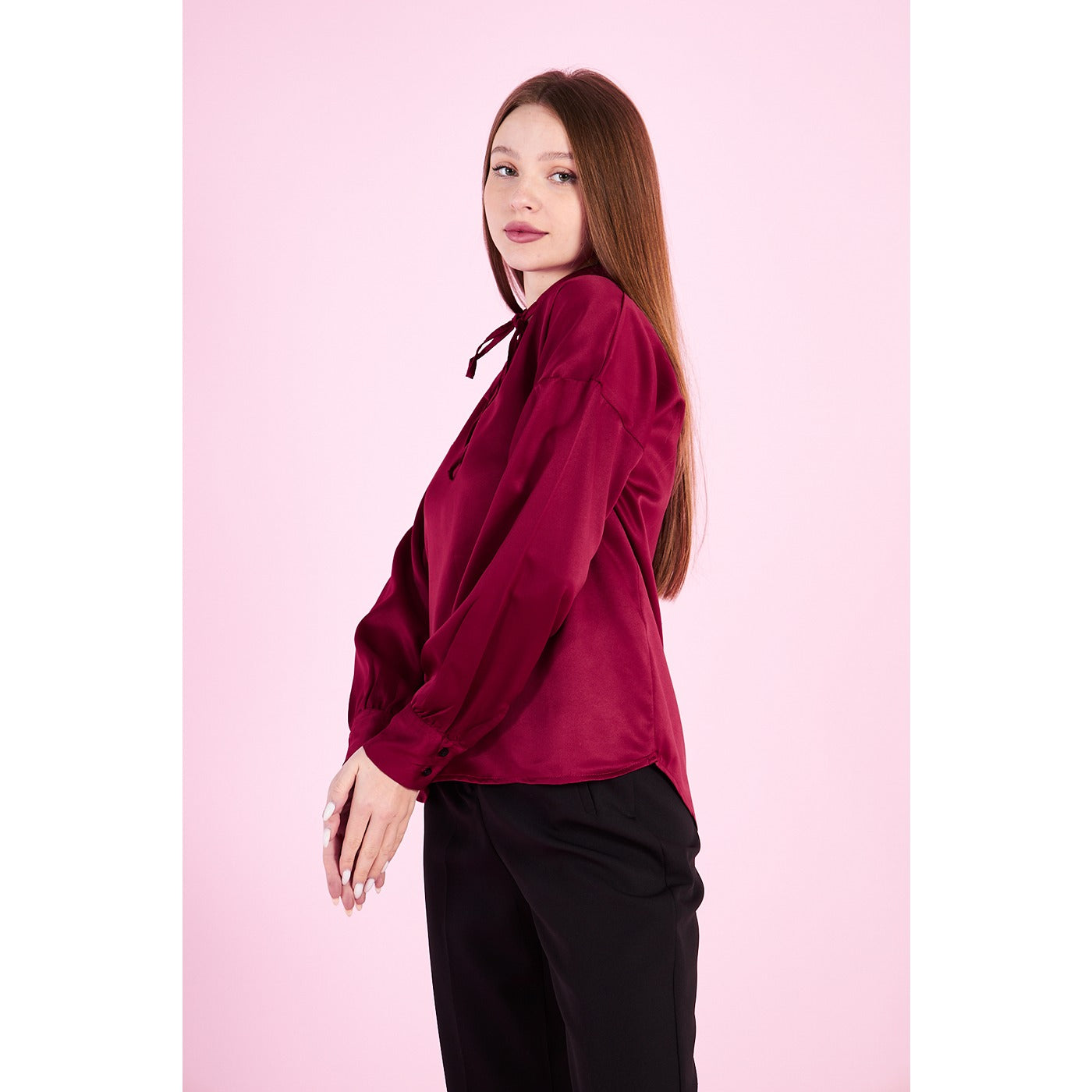 Burgandy Knotted Collar Satin Top | Montivo Pakistan