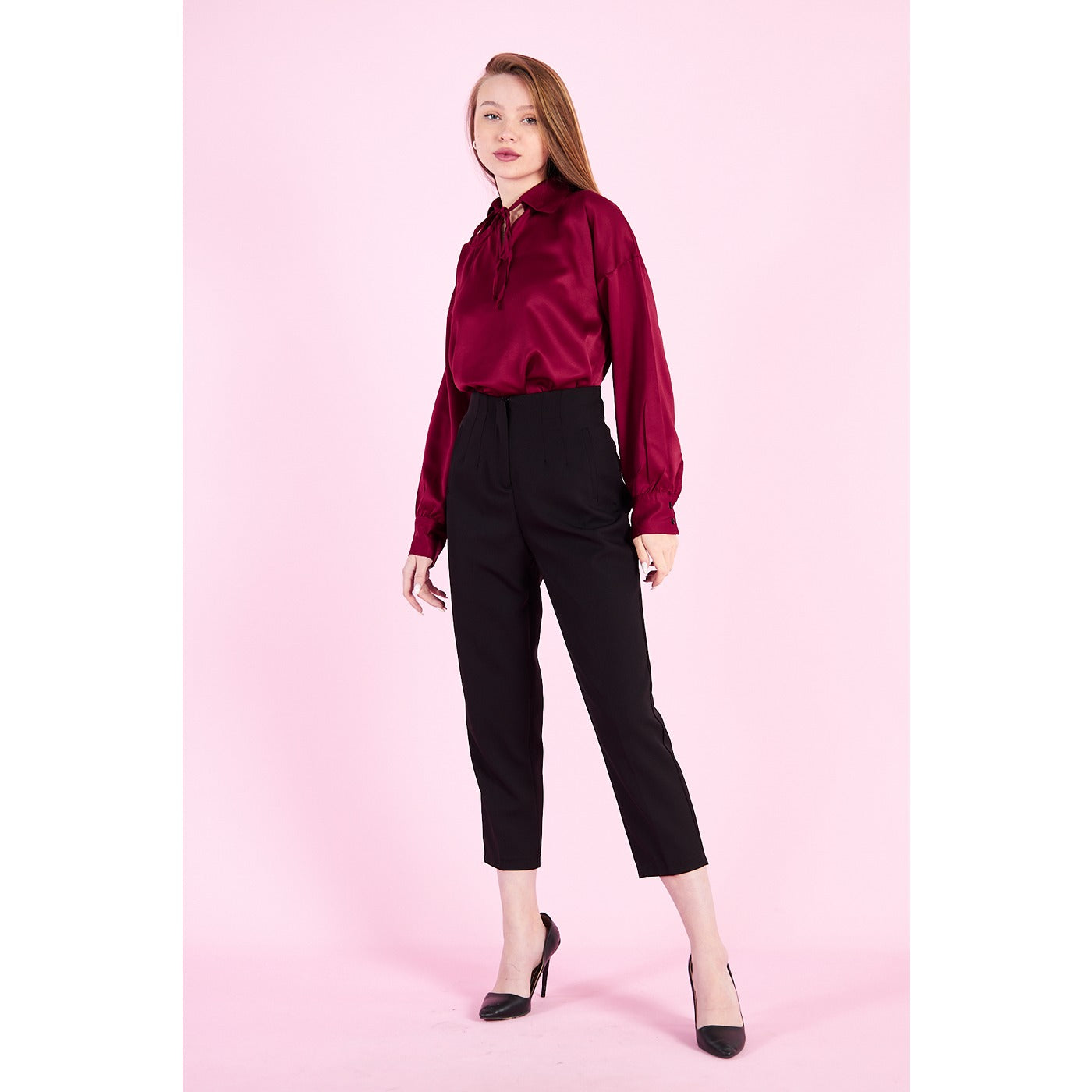 Burgandy Knotted Collar Satin Top | Montivo Pakistan