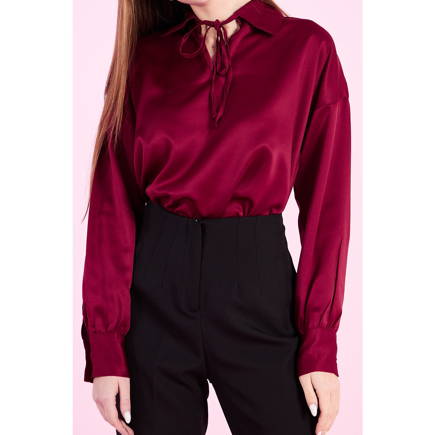 Burgandy Knotted Collar Satin Top | Montivo Pakistan