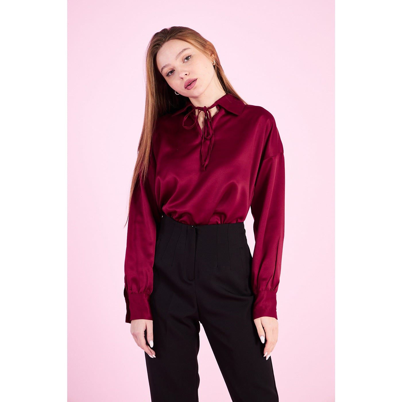 Burgandy Knotted Collar Satin Top | Montivo Pakistan