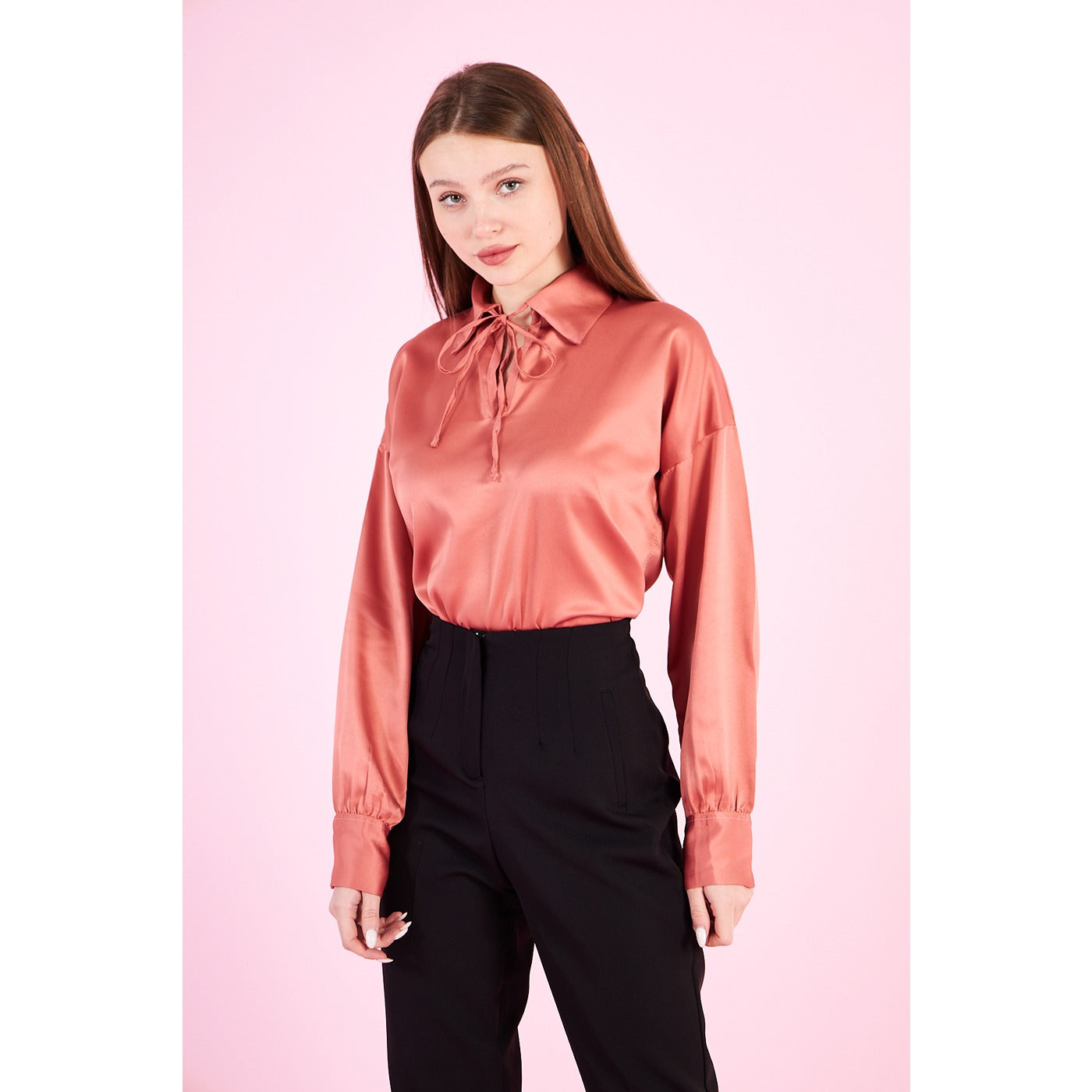Pink Knotted Collar Satin Top | Montivo Pakistan