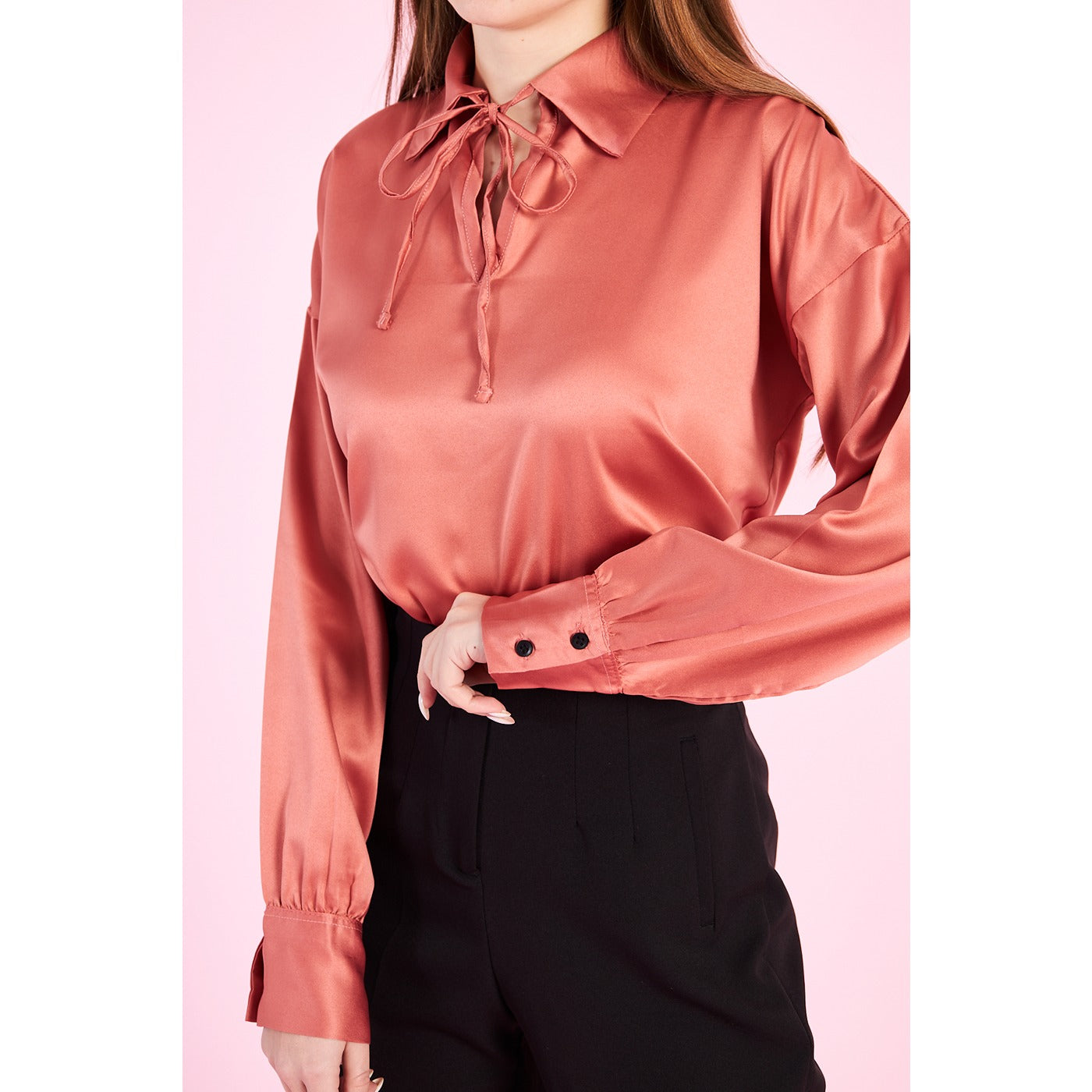 Pink Knotted Collar Satin Top | Montivo Pakistan