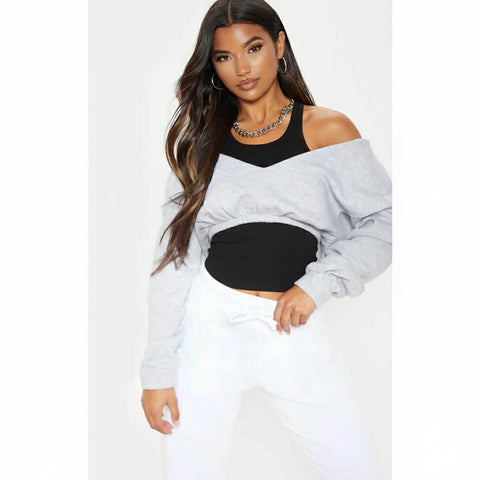 PTL Grey Crop Off Shoulder Sweatshirt | Montivo Pakistan