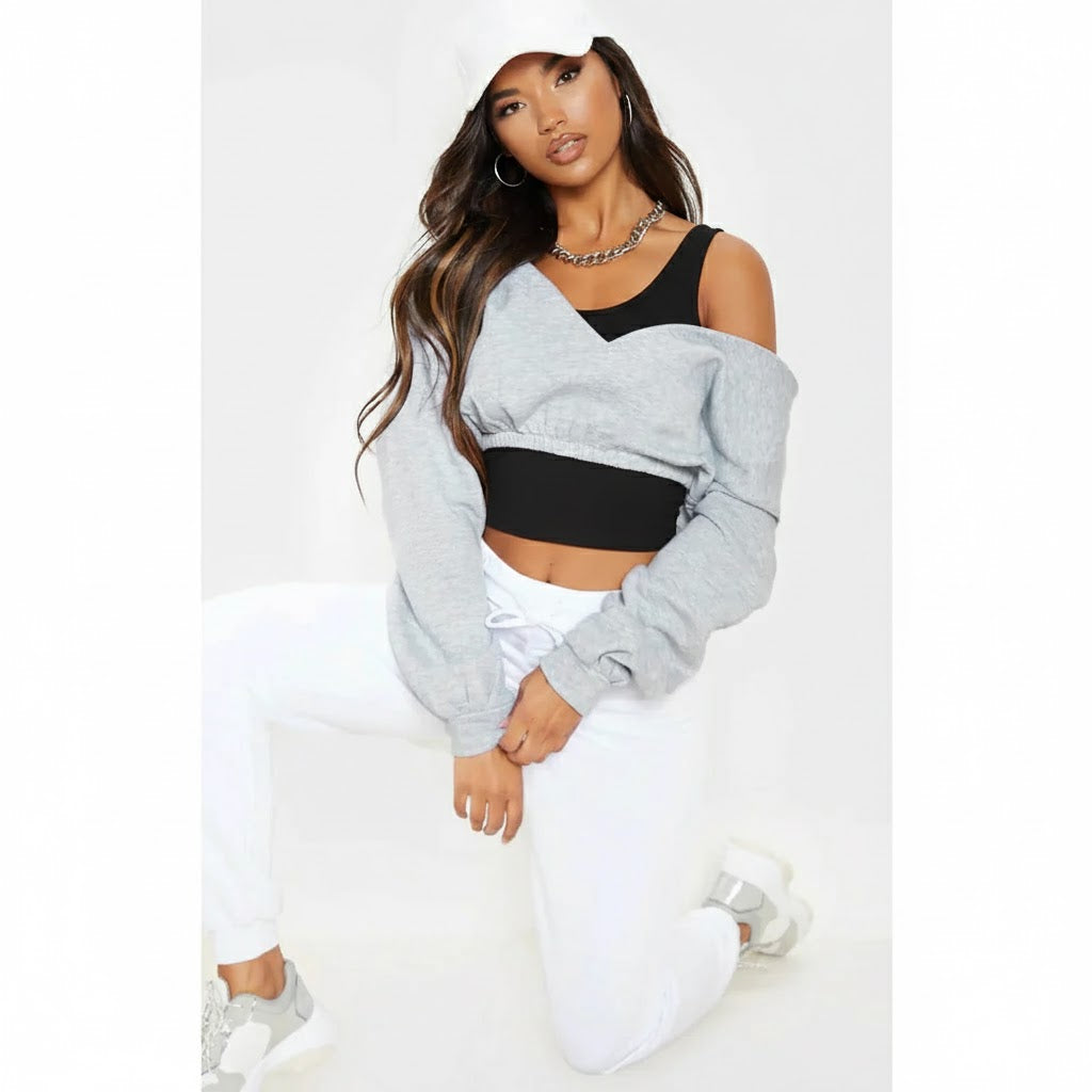 PTL Grey Crop Off Shoulder Sweatshirt | Montivo Pakistan
