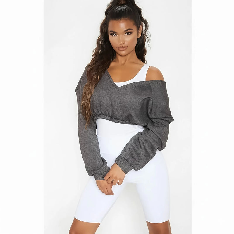 PTL Charcoal Crop Off Shoulder Sweatshirt | Montivo Pakistan