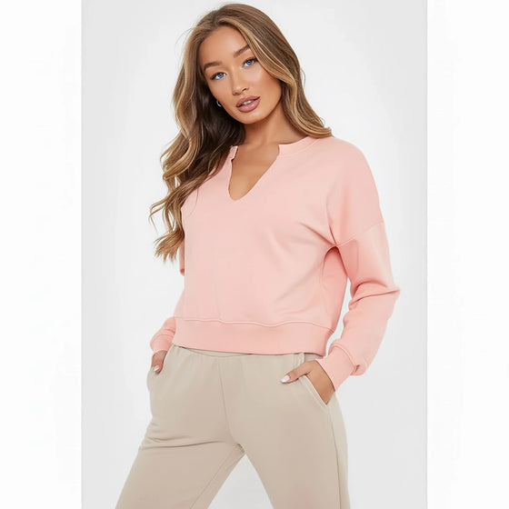Pink Slash Neck Cropped Sweatshirt