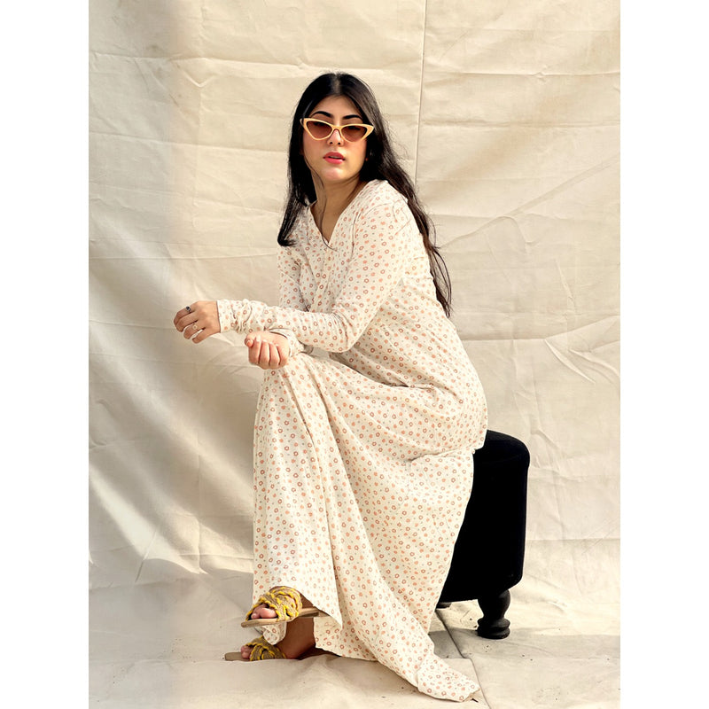 White Floral Double Breasted Long Dress | Montivo Pakistan