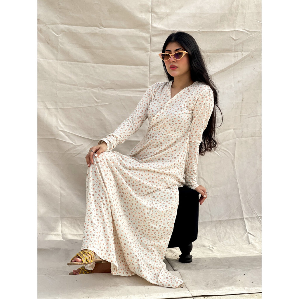 White Floral Double Breasted Long Dress | Montivo Pakistan