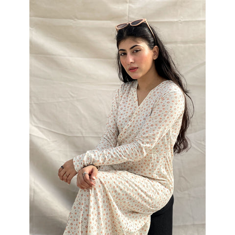 White Floral Double Breasted Long Dress | Montivo Pakistan