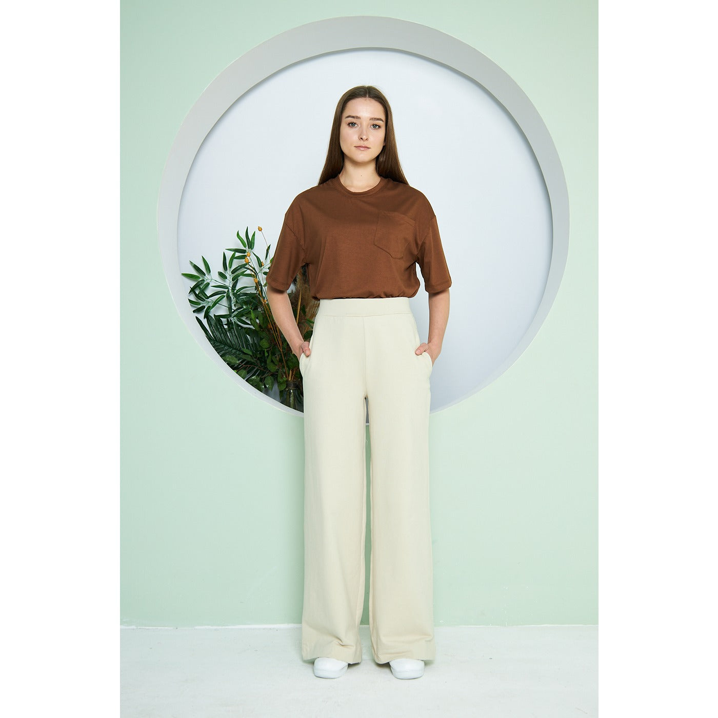 Beige Wide Leg Long Trousers | Montivo Pakistan
