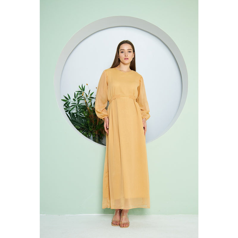 Chiffon Mustard V Neck Belted Dress | Montivo Pakistan