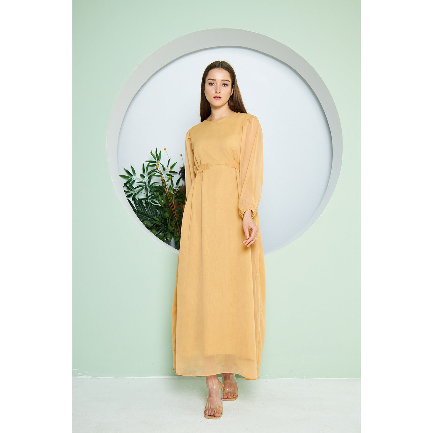 Chiffon Mustard V Neck Belted Dress | Montivo Pakistan