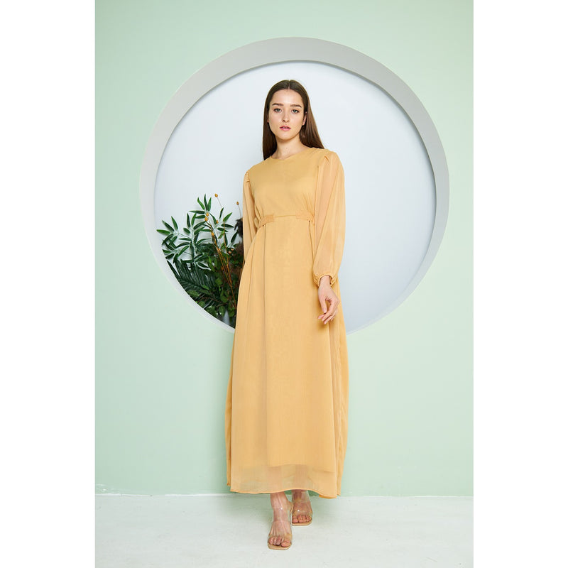 Chiffon Mustard V Neck Belted Dress | Montivo Pakistan