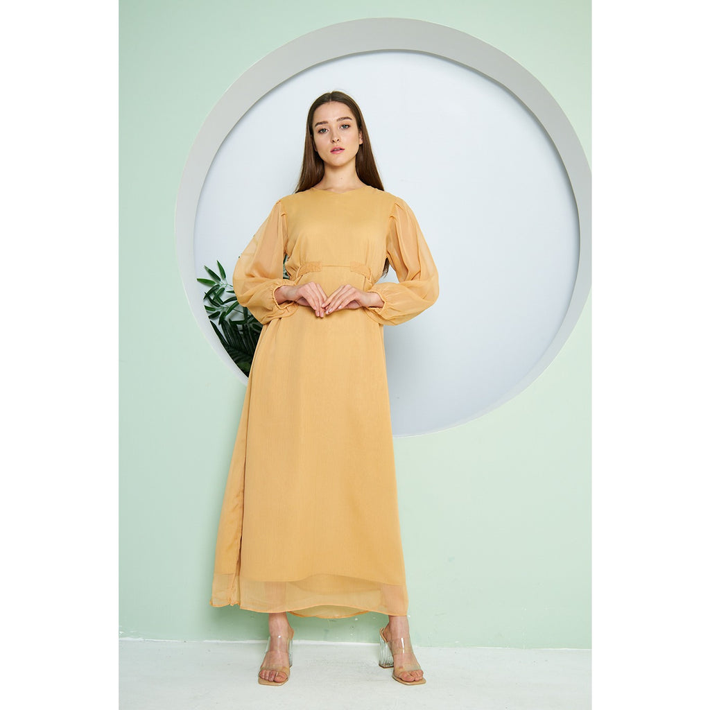 Chiffon Mustard V Neck Belted Dress | Montivo Pakistan