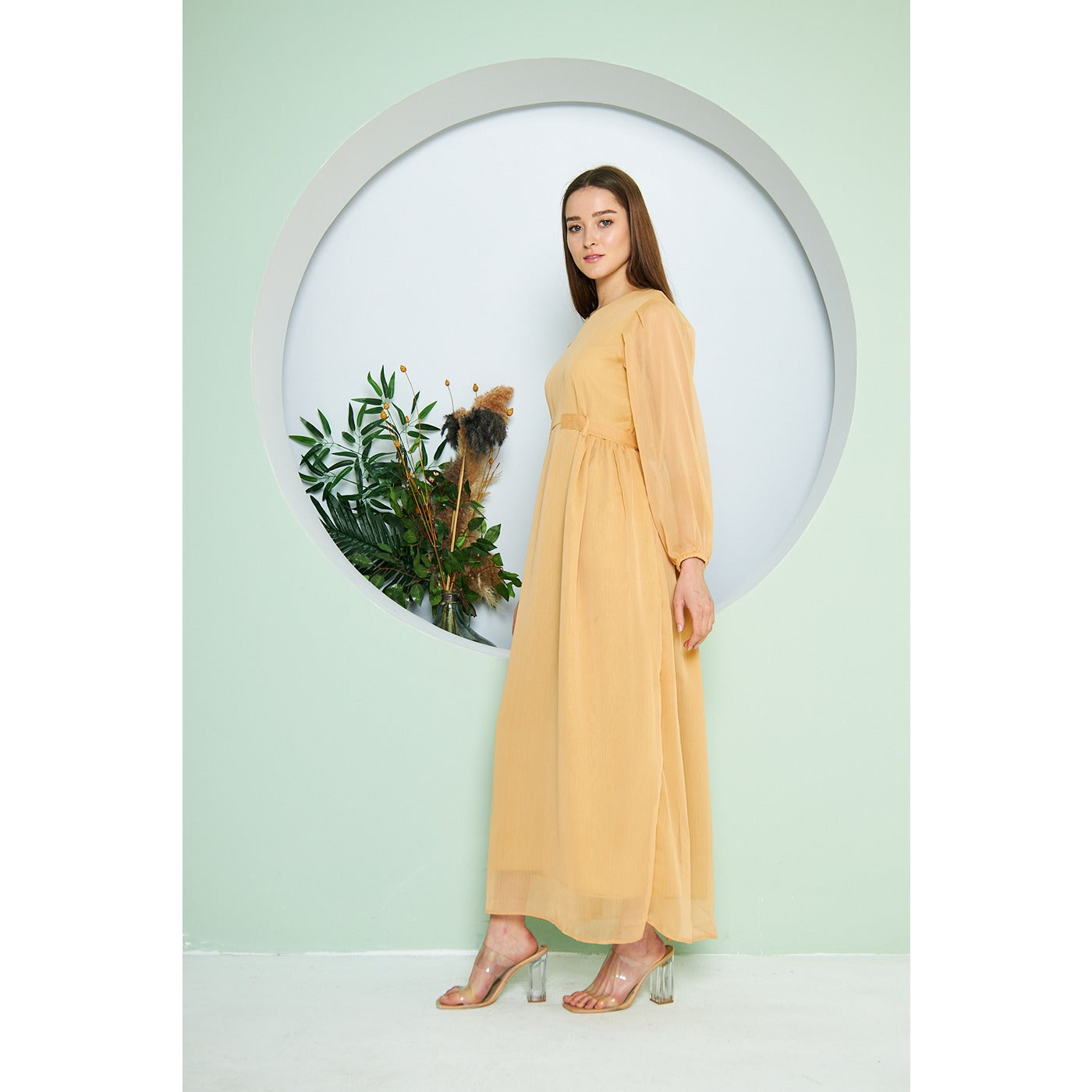 Chiffon Mustard V Neck Belted Dress | Montivo Pakistan