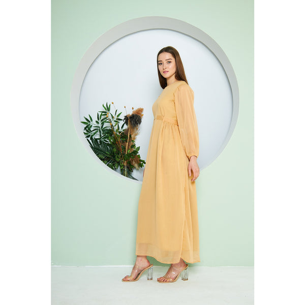 Chiffon Mustard V Neck Belted Dress | Montivo Pakistan