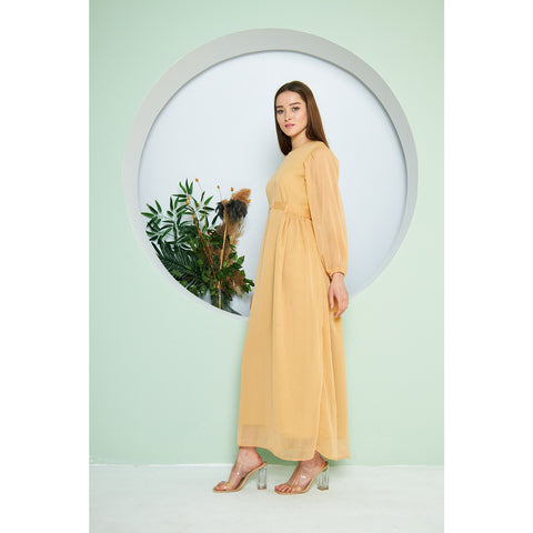 Chiffon Mustard V Neck Belted Dress | Montivo Pakistan