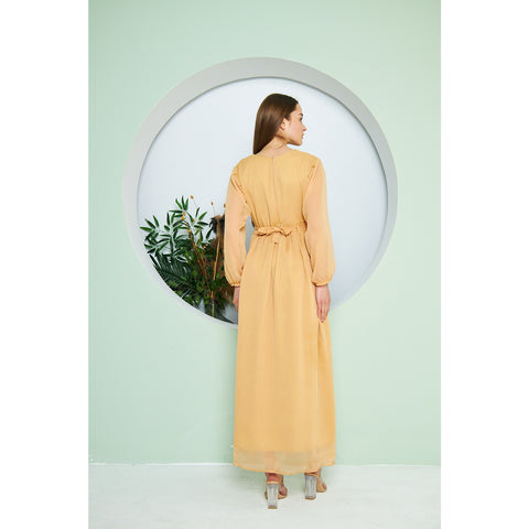 Chiffon Mustard V Neck Belted Dress | Montivo Pakistan
