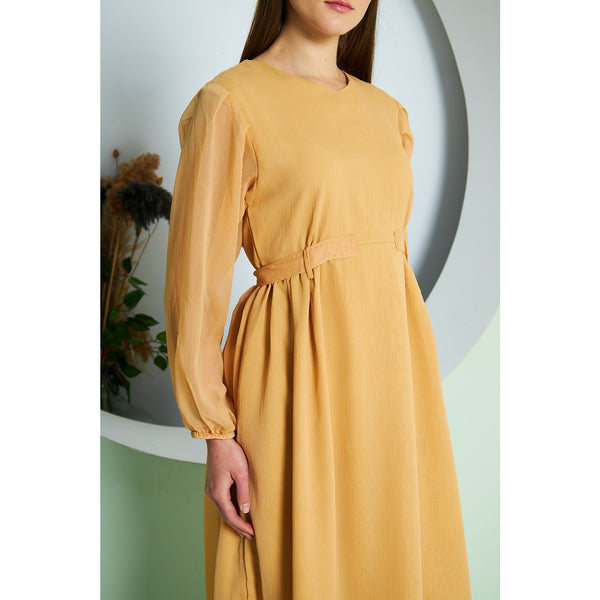 Chiffon Mustard V Neck Belted Dress | Montivo Pakistan