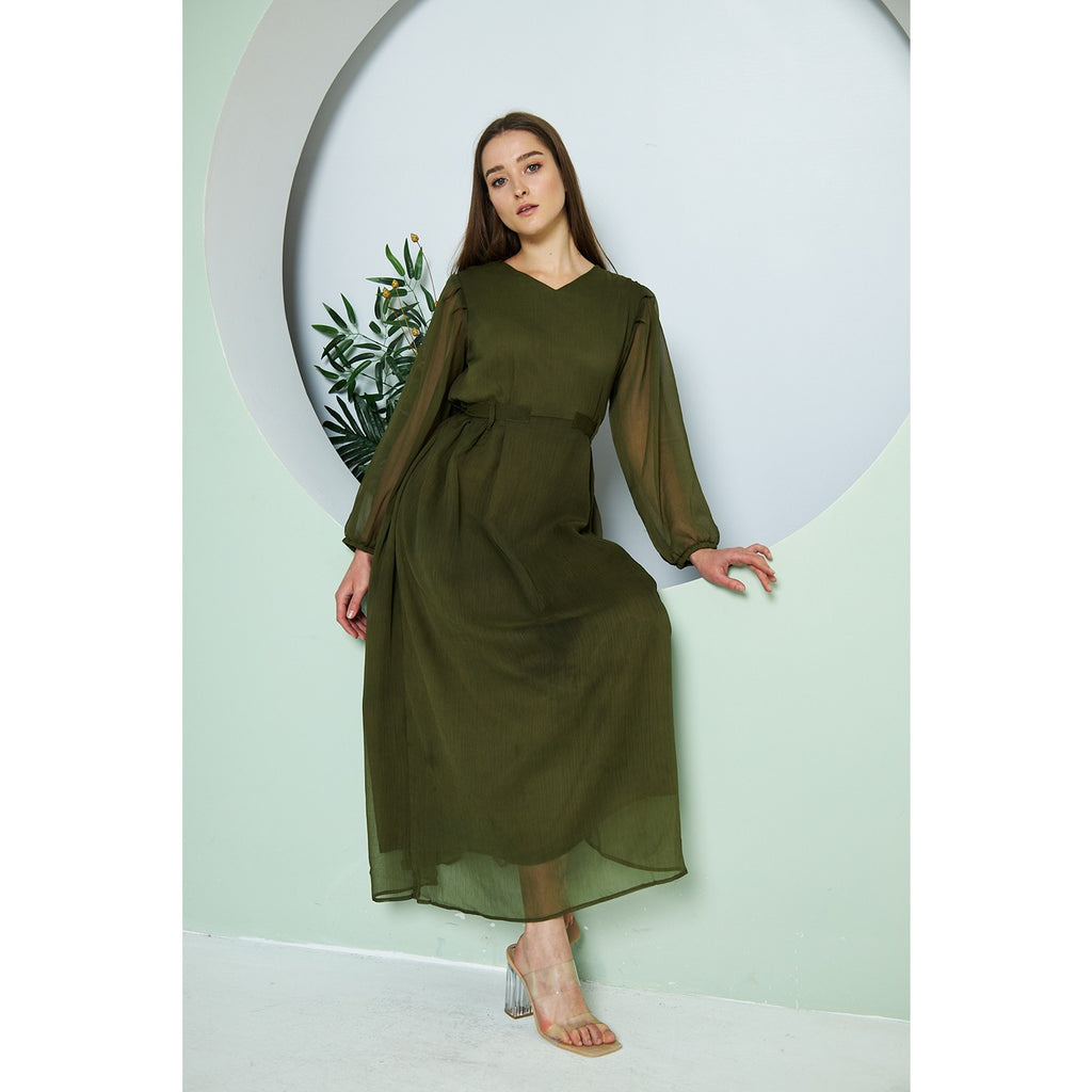 Chiffon Green V Neck Belted Dress | Montivo Pakistan