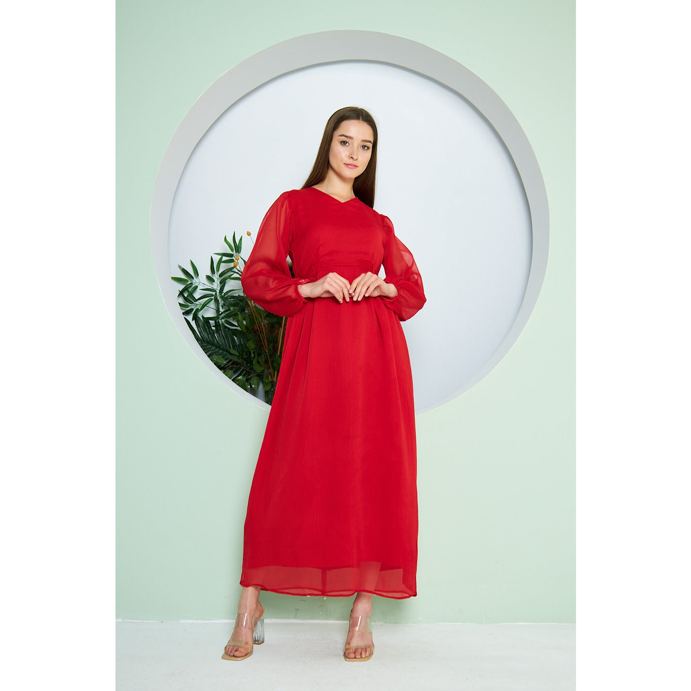 Chiffon Red V Neck Belted Dress | Montivo Pakistan