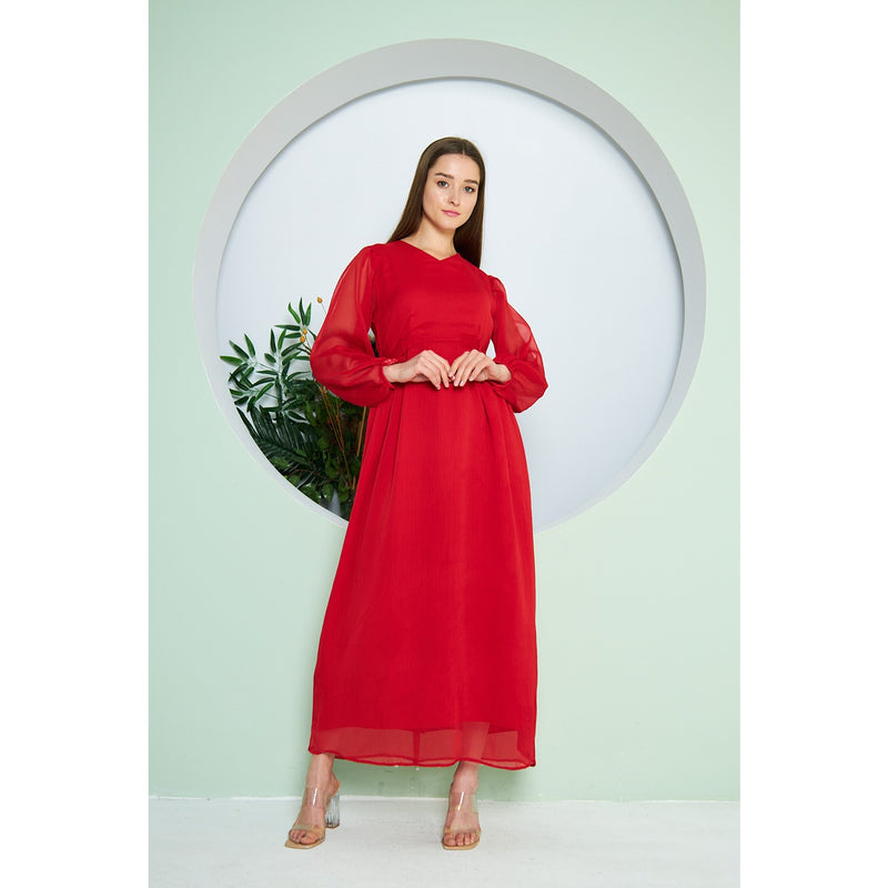 Chiffon Red V Neck Belted Dress | Montivo Pakistan