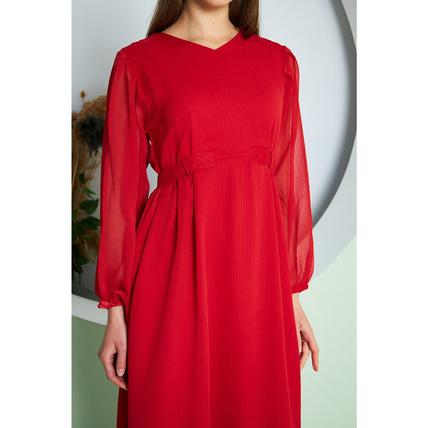 Chiffon Red V Neck Belted Dress | Montivo Pakistan