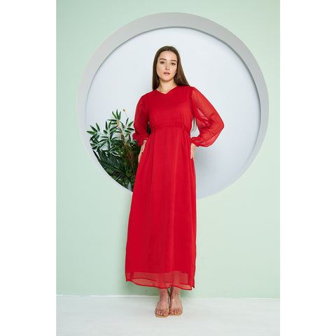 Chiffon Red V Neck Belted Dress | Montivo Pakistan