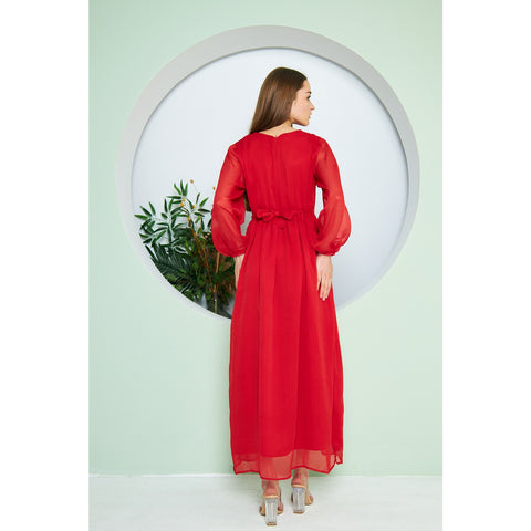 Chiffon Red V Neck Belted Dress | Montivo Pakistan