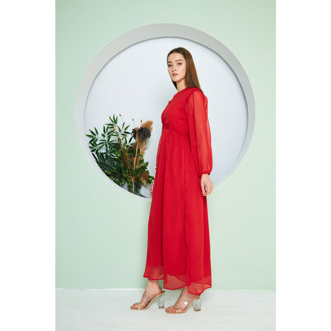 Chiffon Red V Neck Belted Dress | Montivo Pakistan